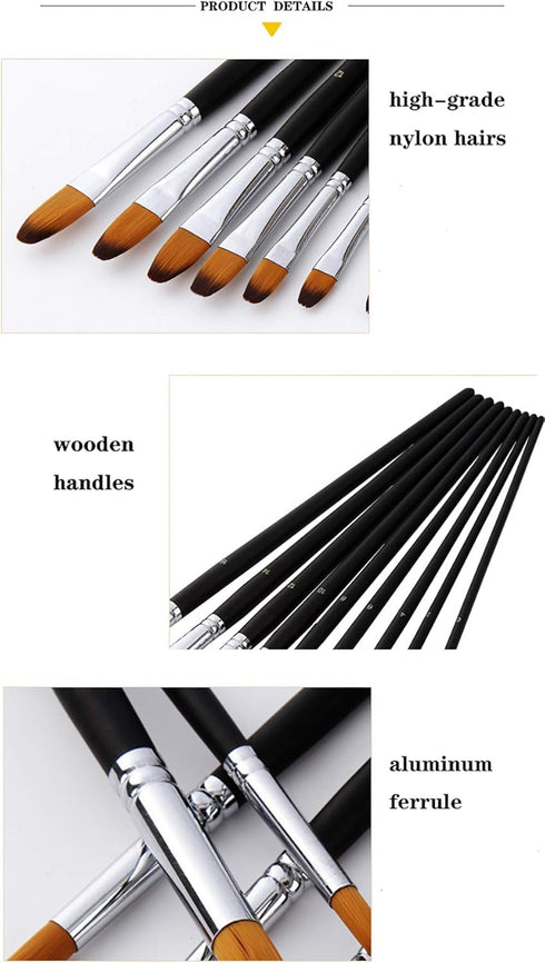 Artist Paint Brushes Set,9 Pcs Professional Filbert Brushes for Acrylic Oil Watercolor Gouache Painting Kits with Long Handle Nylon Hair Black...