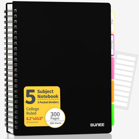 SUNEE 5 Subject Notebook College Ruled - 300 Pages, 8.2"x10.8", 5 Pocket Colored Dividers, 3-Hole Punched Paper, Black...