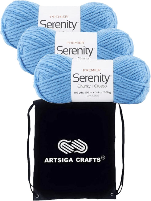 Premier Yarns Serenity Chunky Solid Blue Sky 700-46 (3-Skeins - Same Dye Lot) Chunky Bulky #5 Acrylic Yarn for Crocheting and Knitting - Bundle wi...