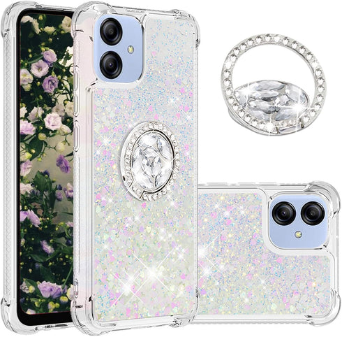Phone Case for Samsung Galaxy A04E /A03/M04/F04,Shockproof Clear Quicksand Glitter with Bling Diamond Ring Stand,Cute Women Girls Case for Galaxy ...