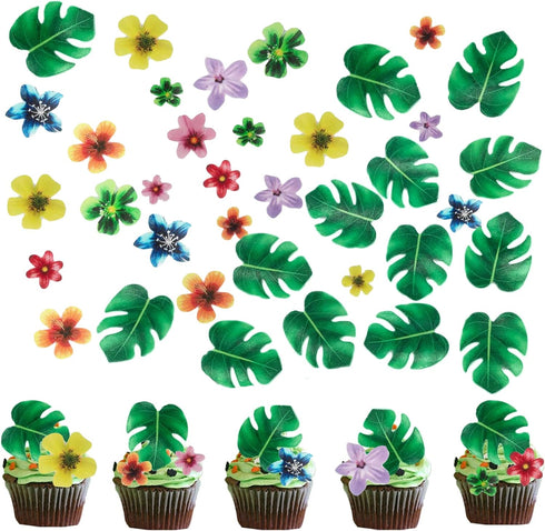 64Pcs Tropical Palm Leaves and Hawaii Flowers Cupcake Toppers Hawaii Theme Cake Decoration for Jungle Summer Party Birthday Wedding Cake Decor...