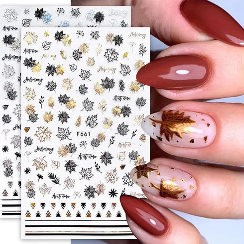 8Sheets Gold Maple Leaf Nail Stickers 3D Fall Nail Art Supplies Holographic Autumn Nail Art Sticker Maple Leaves Design Foils Laser Shiny DIY Nail...