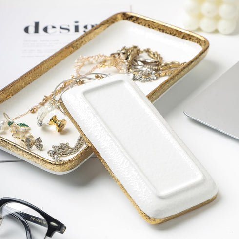 10 * 5" Granite Texture Fine Porcelain White Tray with Golden Edge,Decorative Vanity Tray for bathroom. for Jewelry storage, Ring & Key Holder, Ba...
