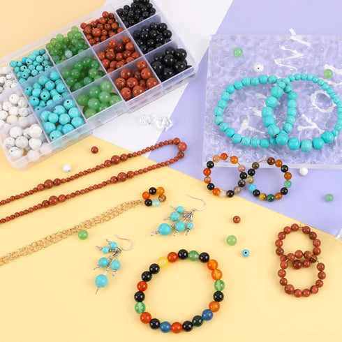 505 pcs Natural Round Stone Beads for Jewelry Making Mixed Genuine Gemstone Beads Kit for DIY Bracelet Smooth Loose Beads Bulk, White/Blue Turquoi...