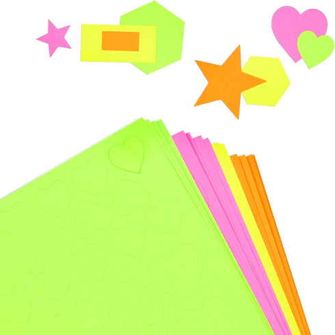 Basic Shapes 2: Hearts, Stars, Hexagons, Rectangles, 696 Pieces US Made Card Stock Punch Out Geometric Shapes in 3 Sizes and 4 NEON Colors for Mat...