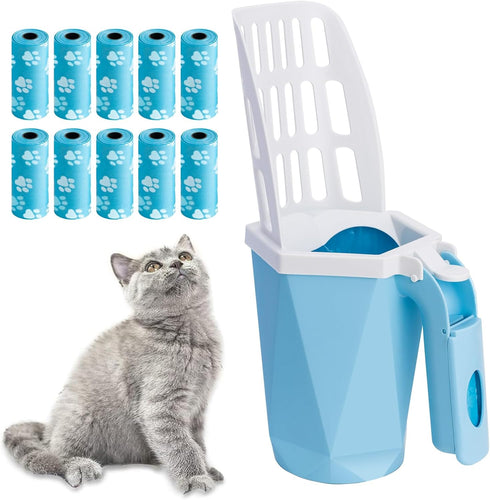 Cat Litter Scooper with Holder Kitty Litter Scoop with Bag, Cat Litter Shovel with 150 Refill Bags, Portable Cat Poop Scooper Cat Litter Container...