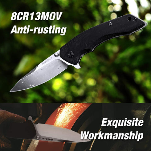 DURATECH Folding Pocket Knife, 3-1/4" Satin 8CR13MOV Blade, Black Smooth G10 Handle with Liner Lock Knife For EDC...