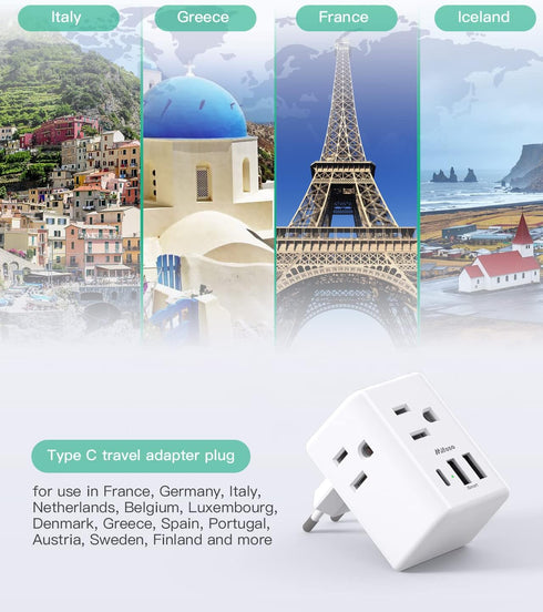 European Travel Plug Adapter with USB Charging Ports(1 USB C), International Type C Power Adapter for US to Most of Europe EU Italy France Spain G...
