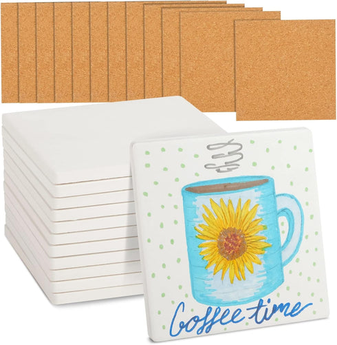 Bright Creations White Square Ceramic Coasters - 4 in x 4 in Unglazed Tiles with Cork Backing, 12 Pack - Blank Ceramic Square Coasters for Crafts ...