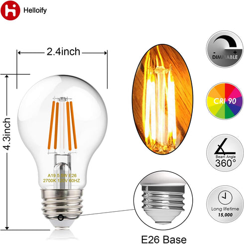 A19 LED Filament Bulbs, 60W Equivalent, Edison Vintage Dimmable Energy Efficient Lamp for Pendant Wall Light Fixtures Office Bedroom Bathroom, E26...