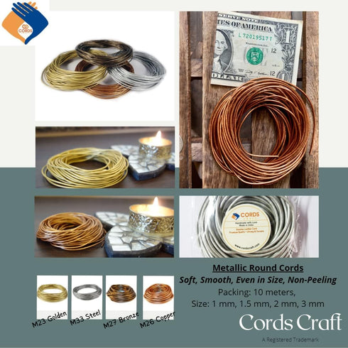 Cords Craft® | 2mm Metallic Round Leather Cords for Jewelry Making Bracelet Necklaces Hair Accessories Dog Collar Beading Work DIY Craft (Metallic...