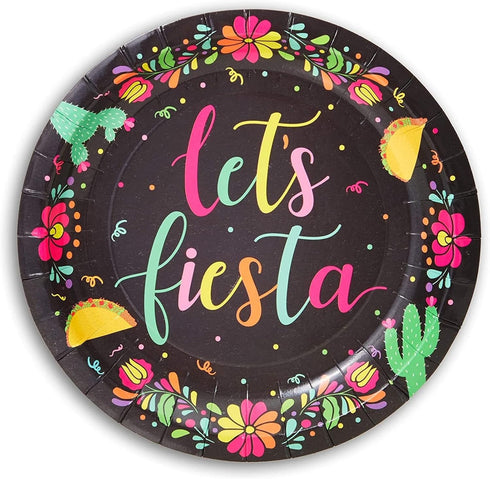 80 Pack Let's Fiesta Party Plates - 7 inch Festive Decorative Dinnerware for Parties and Special Occasions (Black) - Fiesta Plates...