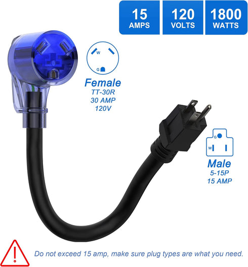 STW 10 Gauge,18“, NEMA N5-15P 15amp Male to TT-30R 30amp Female, 110 or 120 Volt, ETL Certified Cable,MLTH Heavy Duty RV Adapter/Converter/Electri...