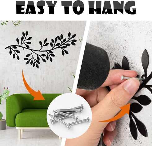 YGAOHF 2 PCS Black Metal Tree Leaf Wall Decor with 2 Dove Stickers, Vine Olive Branch Art Wrought Iron Scroll Sculptures Above The Bed, Indoor Out...