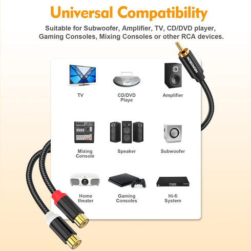 HOSONGIN 1ft RCA Splitter 1 Male to 2 Female Y Adapter 2 Pack, Short RCA Audio Speaker Splitter Cable, Double Shielding Black Nylon Braided Cable ...