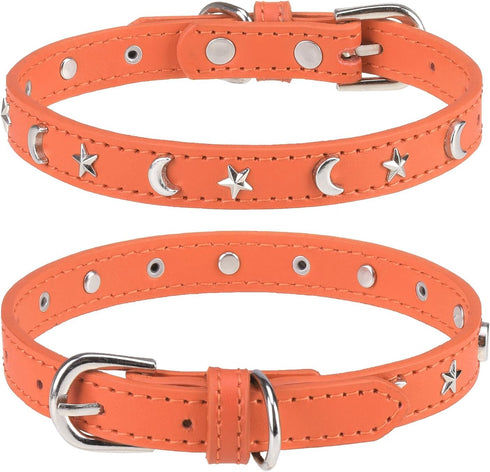 Leather Dog Collar for Puppy Small Medium Dogs, Adjustable Star Moon Rivet Studded Pet Collars with Rust-Proof Metal Buckle and Charms, XS S Dog C...