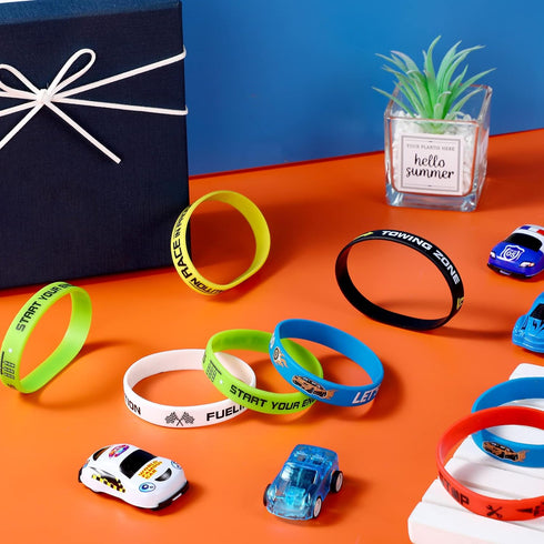 Skylety 24 Pack Race Car Party Favors Race Car Silicone Bracelets Racing Checkered Flag Wristbands Racing Flag Rubber Bracelets Birthday Party Dec...