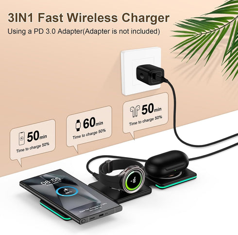 Foldable 3 in 1 Wireless Charging Station for Samsung Galaxy Z Fold6 Flip6 S24 S23 Ultra,Travel Charger for Samsung Multi Devices,15W Fast Wireles...