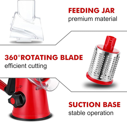 Cheese Grater Rotary, Rotary Grater for Kitchen, Kitchen Grater Vegetable Slicer with 3 Drum Blades, Fast Cutting Cheese Shredder for Vegetables a...