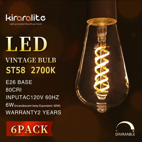 6 Pack ST19(ST58) LED Edison Bulb, Vintage LED Filament Bulb,Softy White 2700K, Antique Flexible Spiral LED Filament Light Bulb, Dimmable 600LM, 6...