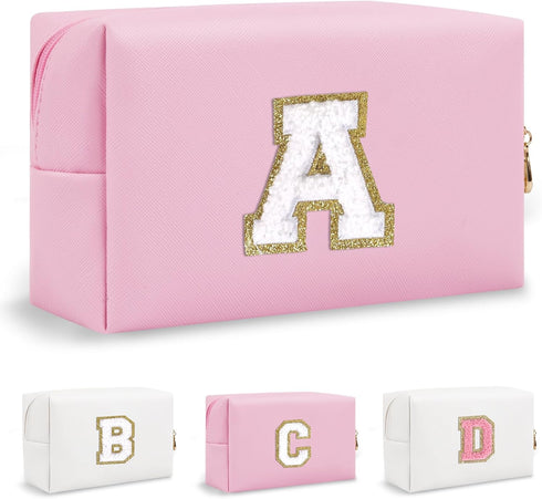 Personalized Initial Preppy Patch Makeup Bag, Small Travel Pink Cute Cosmetic Pouch Makeup Organizer Toiletry Zipper Pouch, Monogram Waterproof PU...