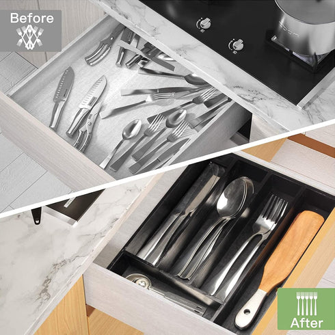 Ayiaren Kitchen Wood Utensil Tray Drawer Organizer, Wooden Cutlery Tray Silverware Drawer Divider 14.6"x9.5" Flatware Organizer Black Bamboo Silve...