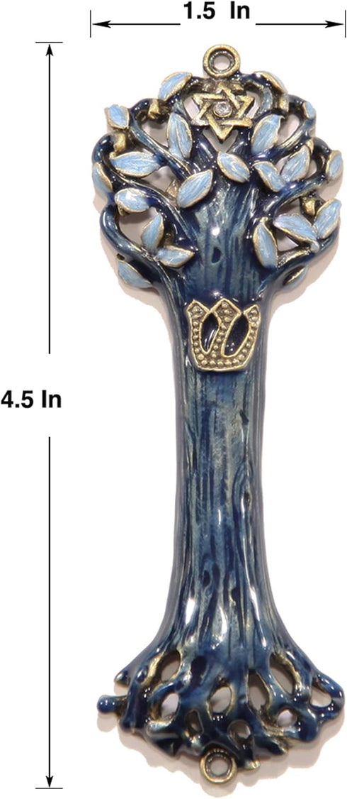 Bless This House with Tree of Life Mezuzah Case, Wooden Texture Design, Crafted with David Star for The Jewish Homes, Blue Indigo Color...