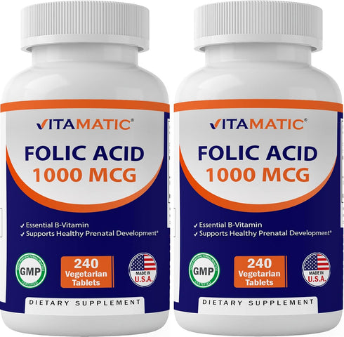 Vitamatic Folic Acid 1000 mcg (1 mg) - Vegetarian Tablets - 1667 mcg DFE - Vitamin B9 (240 Count (Pack of 2))...