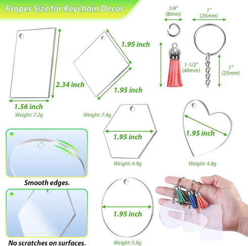 200Pcs Blank Keychains for Vinyl, Acrylic Keychain Blanks Bulk with 5 Shapes Clear Acrylic Disc Leather Tassel Charms Key Chains Jump Ring for DIY...