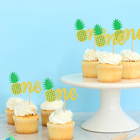 Ercadio 24 Pack Pineapple One Cupcake Toppers Glitter Pineapple 1st Birthday Cupcake Picks Hawaii Luau Tropical Cupcake Decors Summer Theme Baby S...