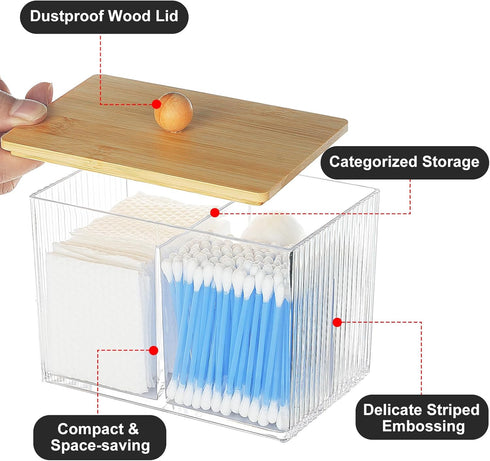 Wood Lid Qtip Holder Storage, Bathroom Cotton Ball Holder Canisters for Cotton Swab, Cotton Pad, Dental Floss Organizer, Hair Bands Container for ...