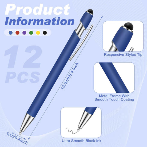 Tenare 12 Pieces Ballpoint Pen with Stylus Tip, 1.0 mm Black Ink Metal Pen Stylus Pen for Touch Screens, 2 in 1 Stylus Ballpoint Pen (Bright Color...