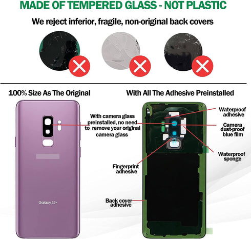 Galaxy S9+ Back Glass Cover Replacement Housing Door with Pre-Installed Camera Lens + All The Adhesive + Repair Tools for Samsung Galaxy S9 Plus S...
