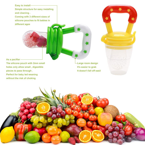 Food Feeder for Baby, Fruit Feeder Pacifier (3 Pcs) with 6 Different Sized Silicone Pacifiers 1 PCS Silicone Baby Food Dispensing Spoon 90ML with ...