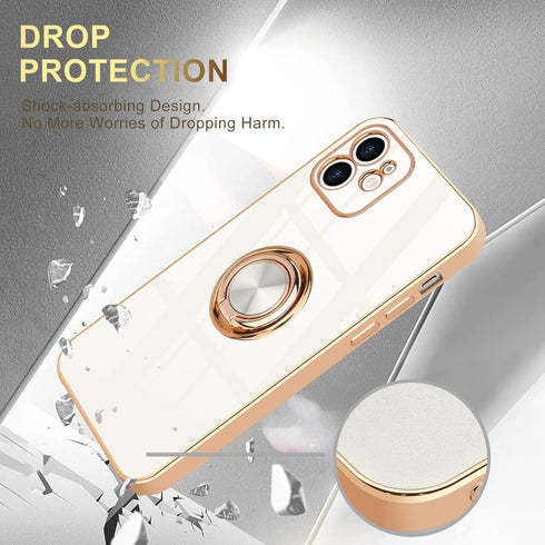 for iPhone 12 Phone Case with 360° Rotatable Finger Ring Holder Kickstand Magnetic Shiny Gold Plated Edge for Women Men Shockproof Soft TPU Protec...