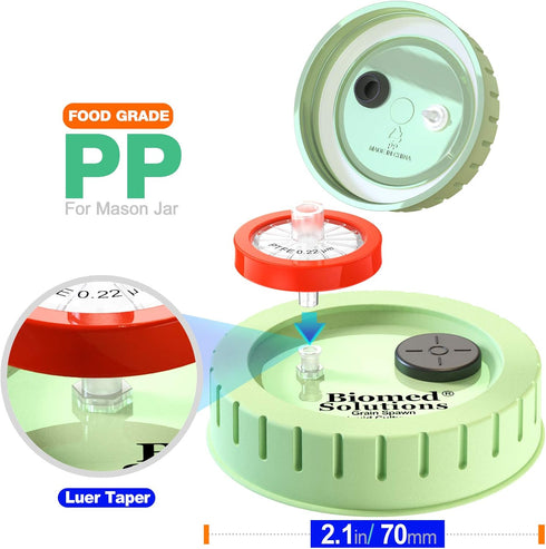 6Pcs Regular Mouth Mushroom Liquid Culture Lid, Grain Spawn Cultivation Mason Jar Lid with 0.2 micron PTFE Syringe Filter & 20mm Self Healing Inje...