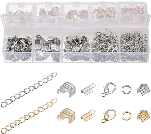 uxcell Jewelry Making Kit, Ribbon Clasp Crimp Ends & Fold Over Cord Ends with Extension Chains, Lobster Clasps, Jump Rings for DIY Craft Making, 5...