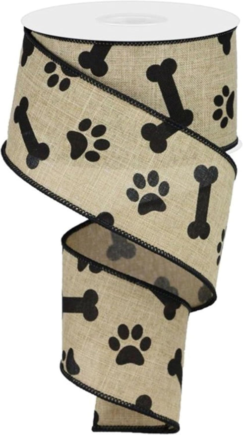 Craig Bachman 2.5" Paw Print Royal Ribbon: Light Beige & Black (10 Yards) - Craft Floral Arrangement Gift Wrapping Wired Edge Ribbon...