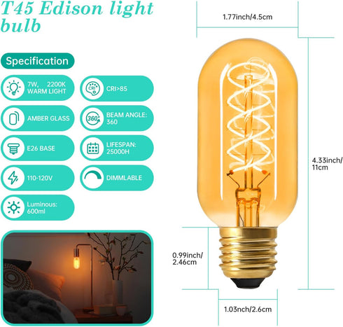 AMDTU Dimmable Edison Bulbs 60 Watts Equivalent, 600 Lumens LED Bulbs 7W, Ultra Filament Cross E26 Base Edison LED Bulbs, Warm Yellow 2200K T45 Am...