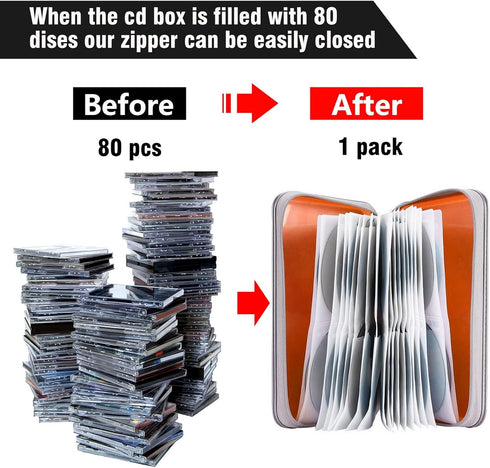 CD Case Holder, 80 Capacity CD/DVD Case Holders Wallet Hard Plastic CD DVD Disc Cases Storage Binder for Car Home Office Travel (Orange)...