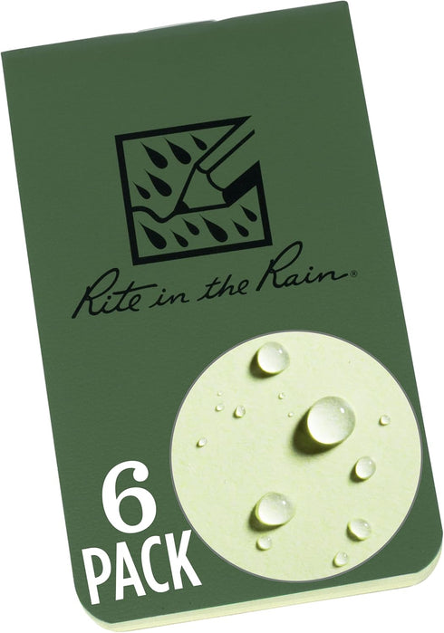 Rite in the Rain Weatherproof On The Go Wallet Notebook, 2" x 3.375", Green Cover, Blank Pages, 6 Pack (No. OTG971L)...
