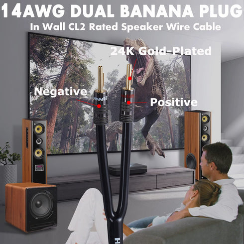 14AWG Speaker Wire Cable (3 Feet), 1 Pack Premium Heavy Duty Braided Speaker Cable Dual Gold Plated Banana Plug Tips in-Wall CL2, Oxygen-Free Copp...
