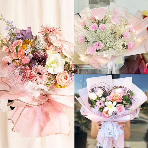 CCINEE 20 Sheets Gold Edge Flower Wrapping Paper,Waterproof Fresh Flower Packing Material Florist Bouquet Supplies DIY Craft Gift Packing,Pink...