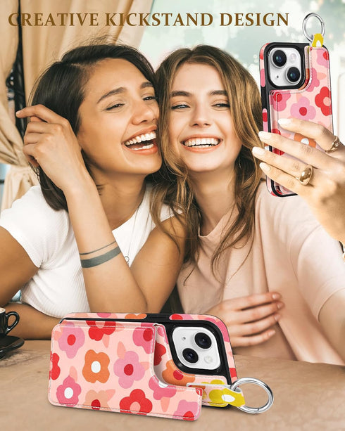 for iPhone 15 plus Wallet Case with Card Holder, Cute Designer Pk Flower Pattern Kickstand Magnetic Clasp Back Flip Folio Leather Cases for iPhone...
