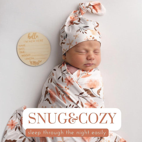 Newborn Baby Snug Wrap Baby Girl Receiving Blanket Swaddle Blanket with Headband Beanie Set and Name Card (Orange Floral)...