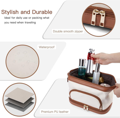 Telena Makeup Bag Large Capacity Travel Cosmetic Bags Double Layer Portable Leather Make Up Bag for Women Beige with Brown...
