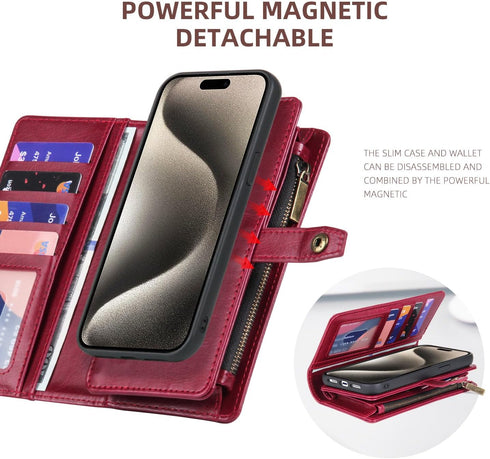 for iPhone 15 Pro Max Wallet Case with Card Holder,Faux Leather Phone Case for Women Men,Magnetic,Kickstand,Wrist Strap,Zipper(Red)......