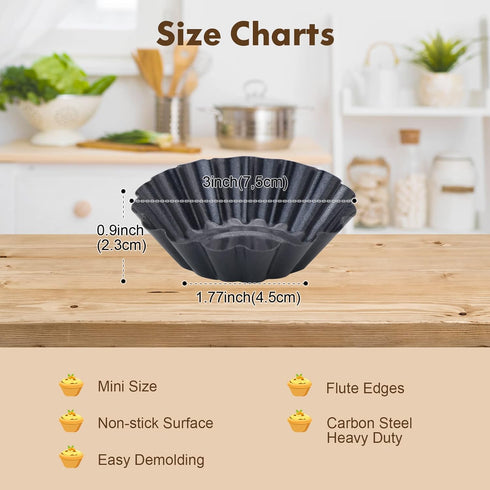 Egg Tart Molds, 12 PCS Non-Stick Very Mini Tart Pans, Mini Tart Mold 3 InchTop, 1.7 Inch Bottom, 0.9Inch High, Carbon Steel, Kitchen Reusable Baki...