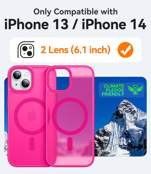 CANSHN for iPhone 14 Case/iPhone 13 Case, Compatible with MagSafe, Translucent Matte Back Slim Shockproof Phone Cover, Hot Pink...