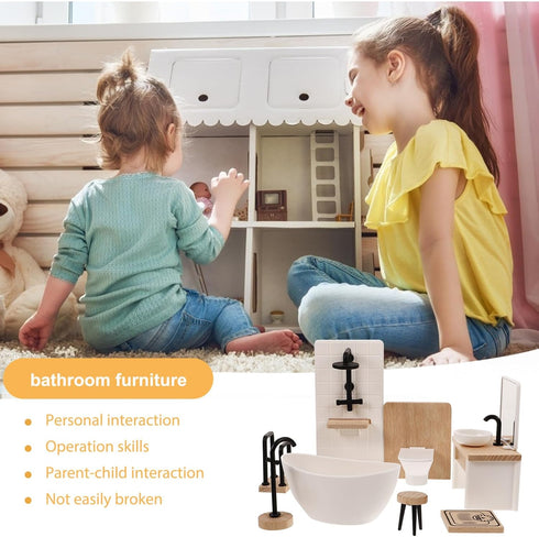 Toyvian 8pcs Dollhouse Bathroom Set: 1 12 Scale Dollhouse Toilet Bathtub Basin Wooden Bathroom Cabinet with Sink Miniature Furniture for Doll Bath...